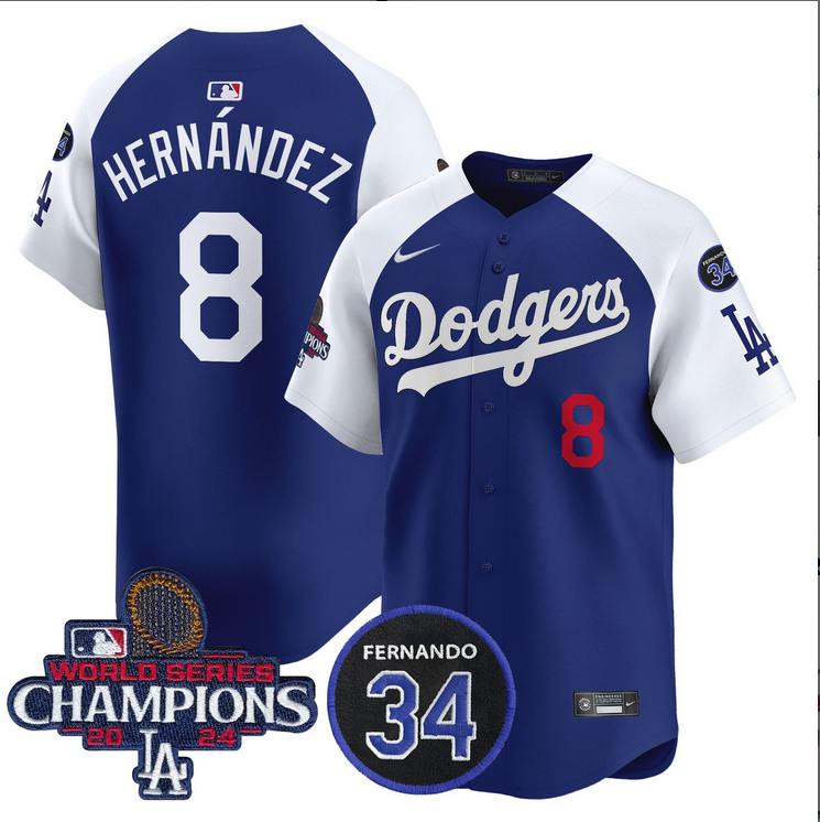 Men MLB Los Angeles Dodgers #8 Hernandez blue 2024 World Series Champions Patch Limited Jersey style 5